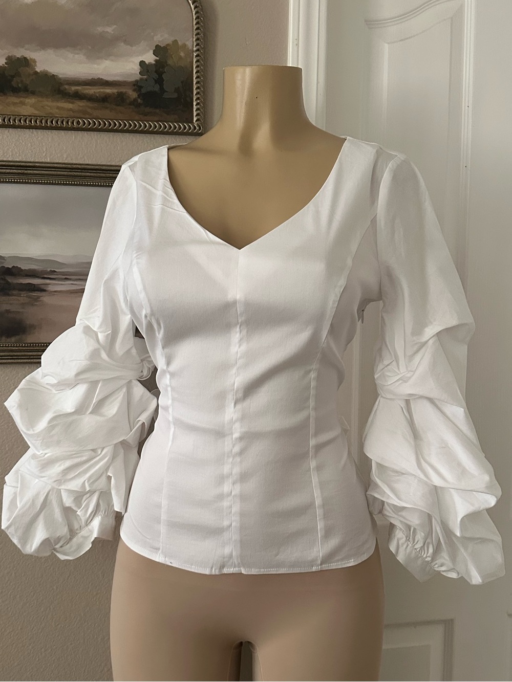 White House Black Market White V-Neck Puff-Sleeve Blouse